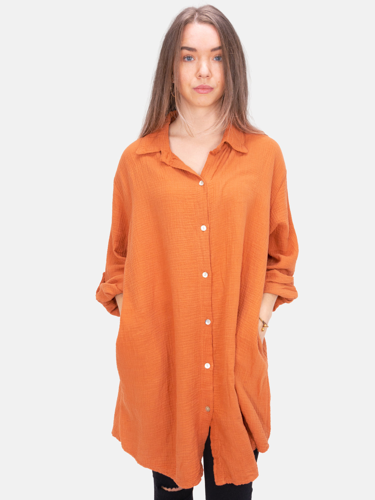 Musselinbluse mit Knopfverschluss & Taschen - rost - Jessy