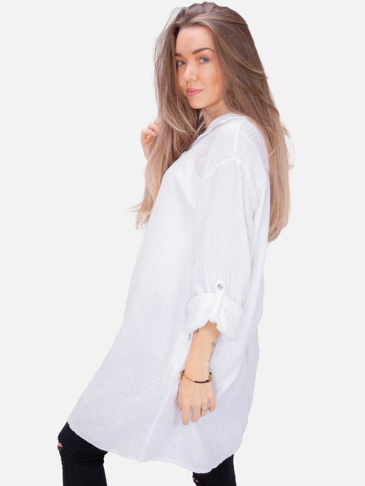 Musselinbluse mit Knopfverschluss & Taschen - weiß - Jessy