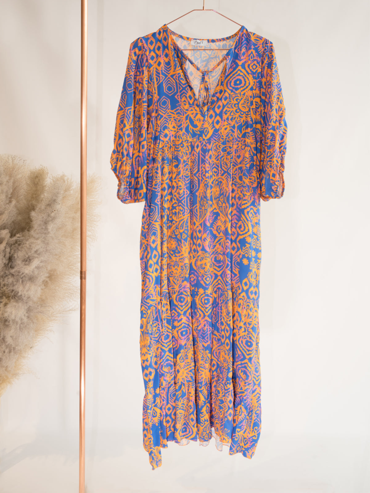 Langes Kleid mit Ballon Ärmel - blau orange - Kara