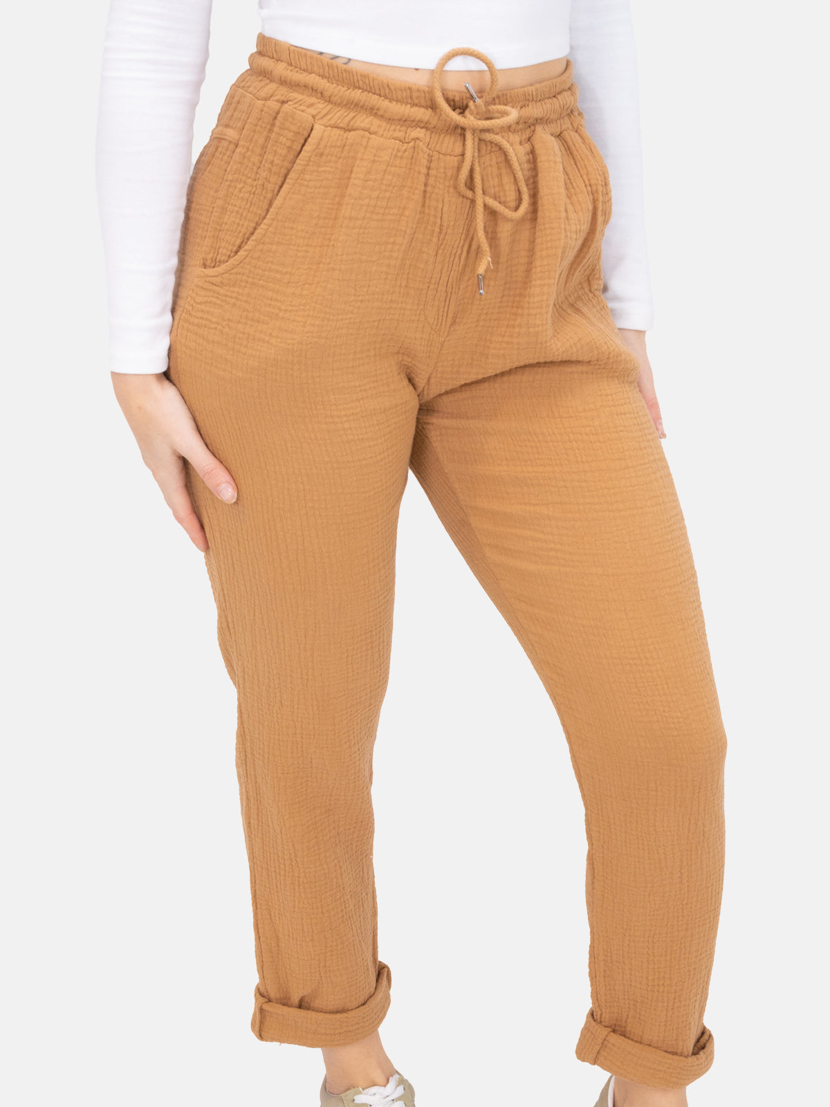 Sportliche lange Musselin Hose im Jogger Stil mit elastischem Bund - Eva