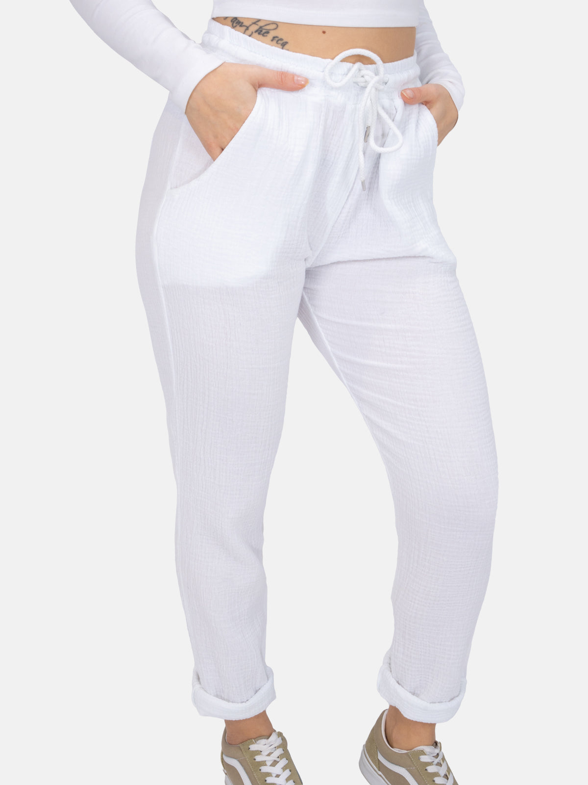 Sportliche lange Musselin Hose im Jogger Stil mit elastischem Bund - Eva