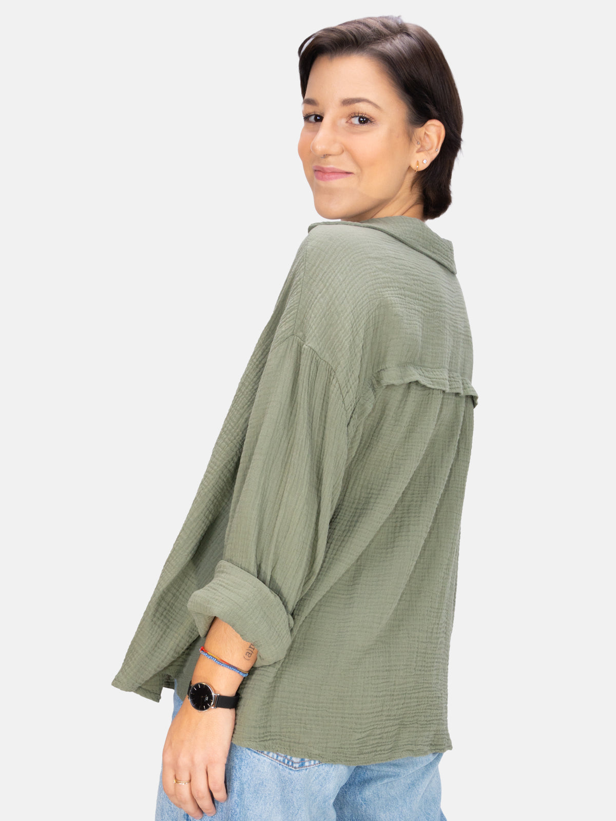 Kurze Musselin Hemdbluse mit Knöpfen - kaki - Sasha