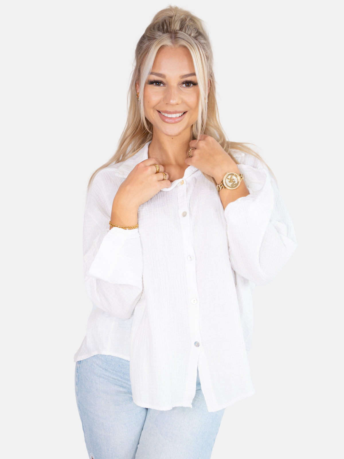 Kurze Musselin Hemdbluse mit Knöpfen - weiß - Sasha