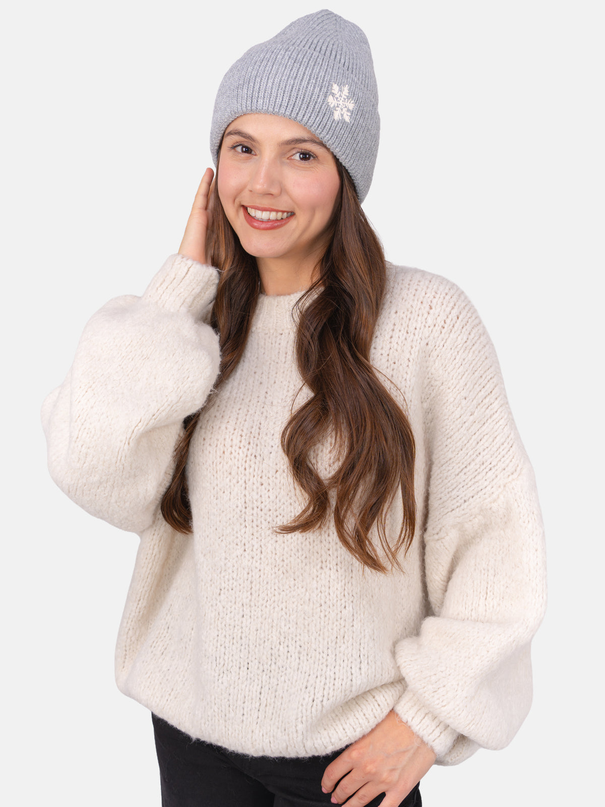 Beanie Mütze mit Schneeflocke #Farbe_Hellgrau