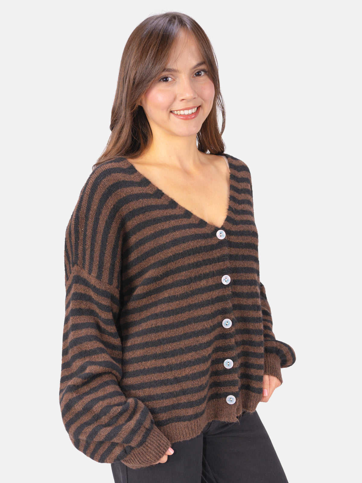 Cardigan gestreift - Candy in Rosa Weiß #Farbe_Mokka Schwarz