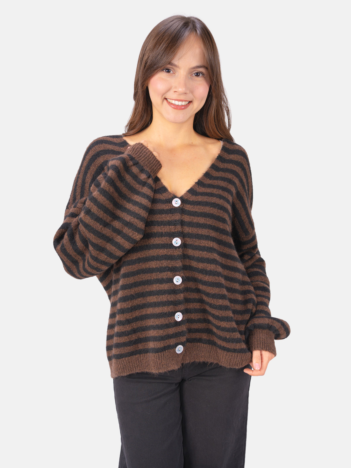 Cardigan gestreift - Candy in Rosa Weiß #Farbe_Mokka Schwarz