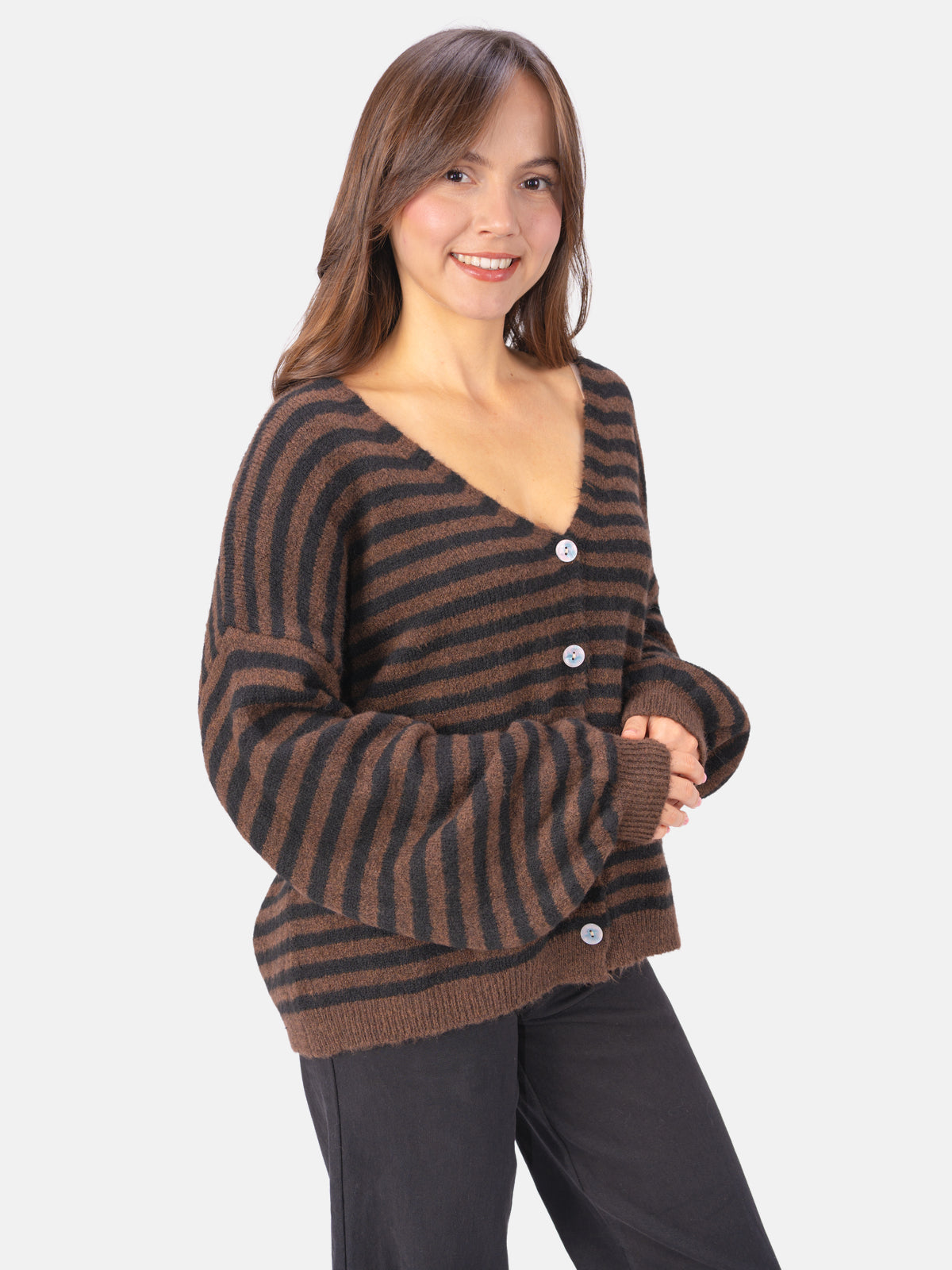 Cardigan gestreift - Candy in Rosa Weiß #Farbe_Mokka Schwarz