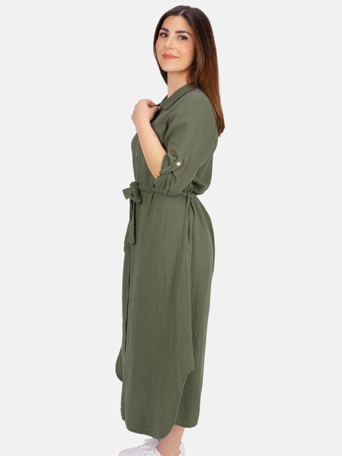 Langes Musselinkleid mit Bindegürtel - dark khaki - Victoria