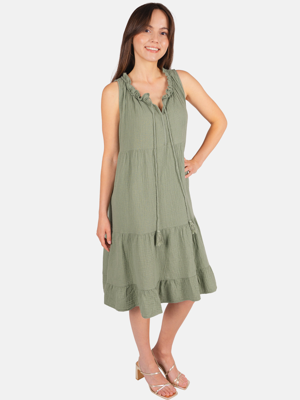 Musselin Kleid mit Tasseln - Buki in Khaki #Farbe_Khaki