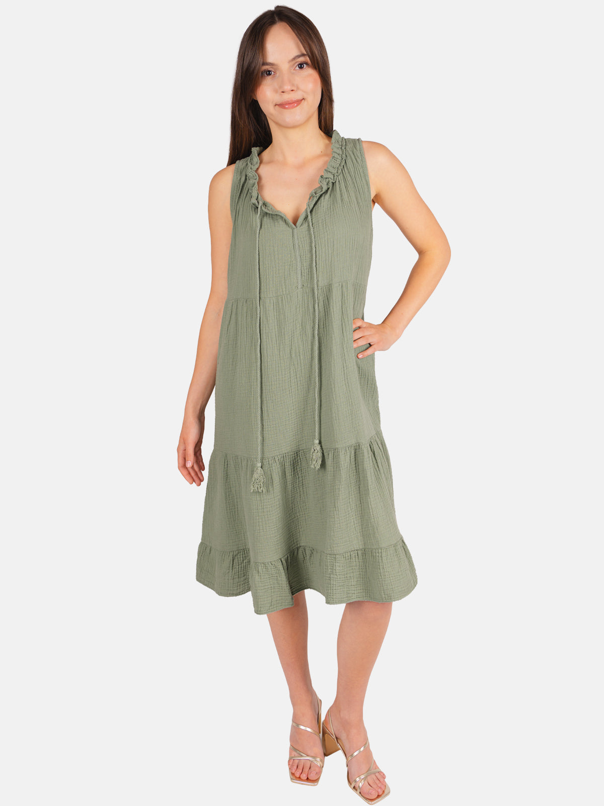Musselin Kleid mit Tasseln - Buki in Khaki #Farbe_Khaki