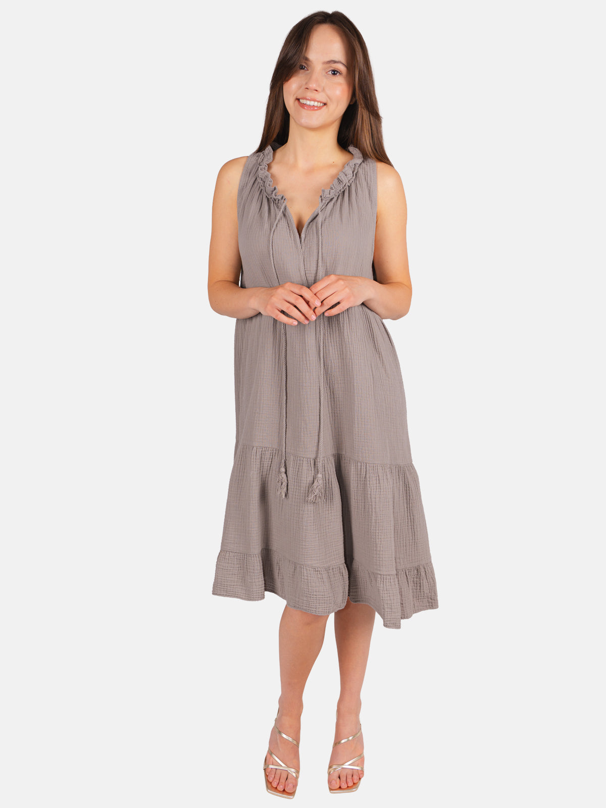 Musselin Kleid mit Tasseln - Buki in Taupe #Farbe_Taupe