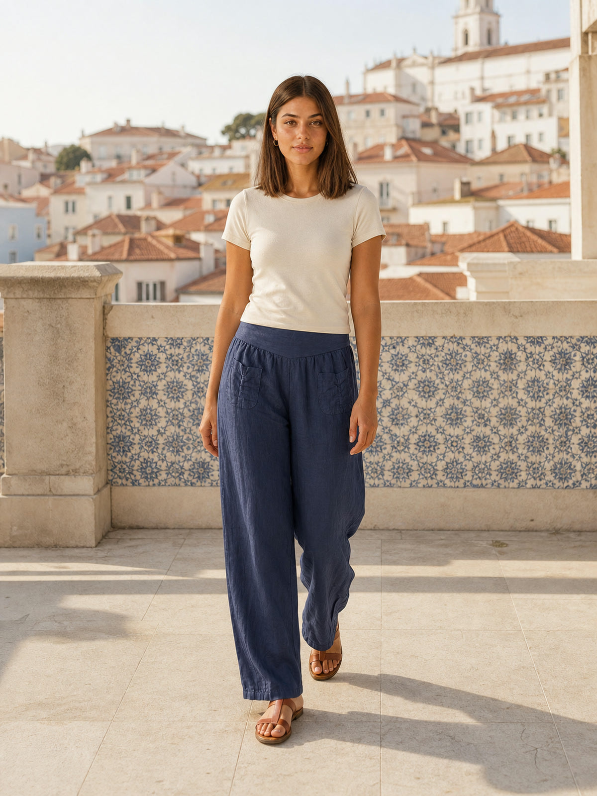 Lockere Damen Leinenhose - dunkelblau - Clara