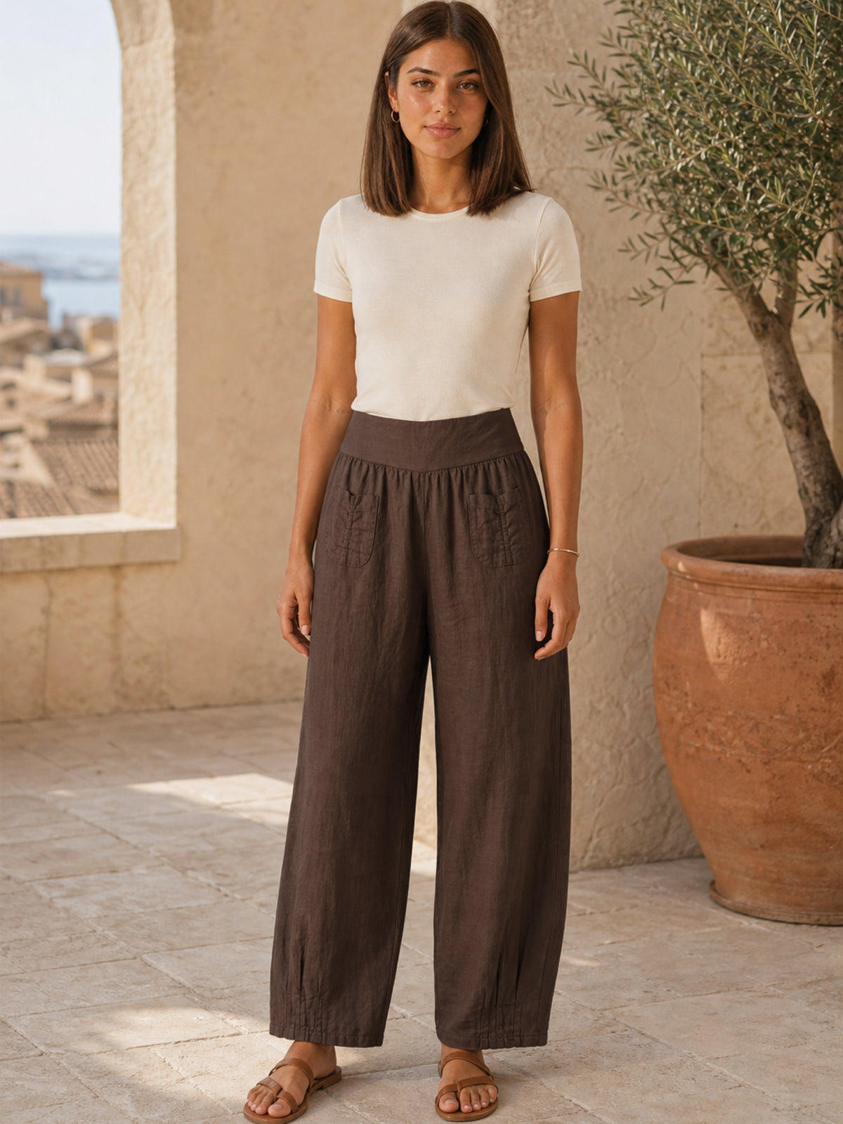 Lockere Damen Leinenhose - mokka - Clara