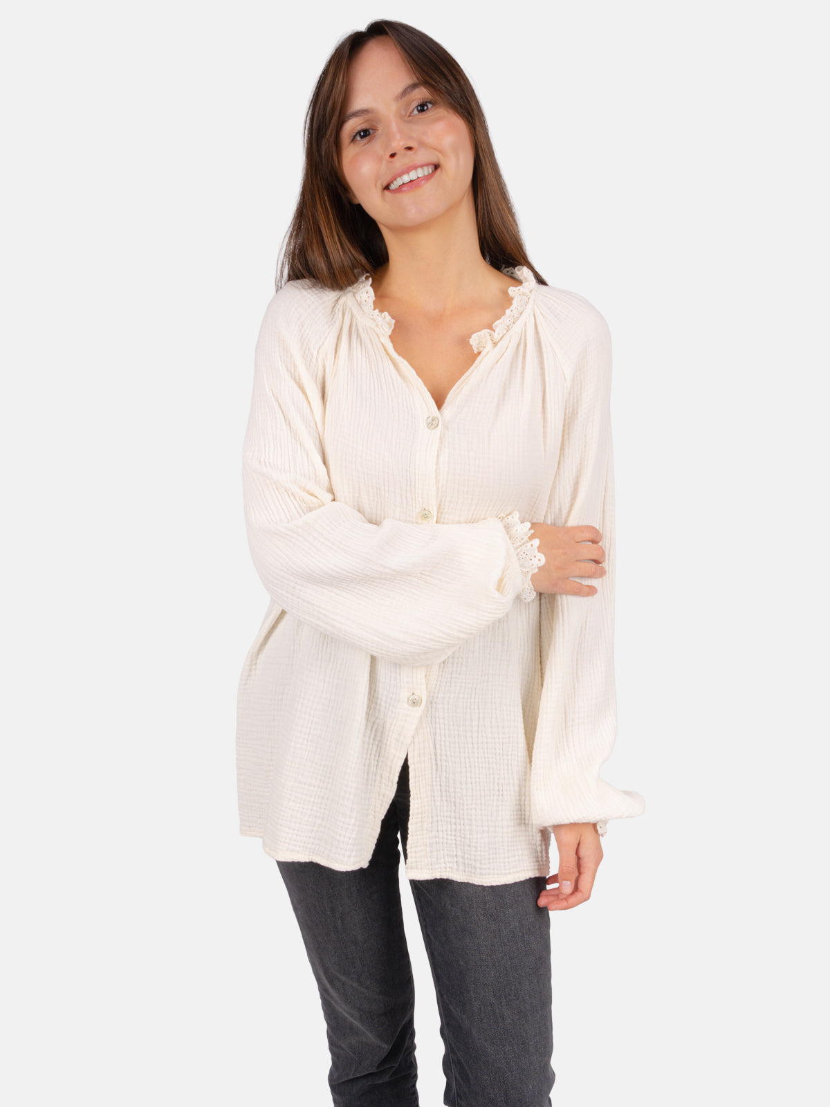 Musselinbluse Cloe Oversized mit Spitzendetails