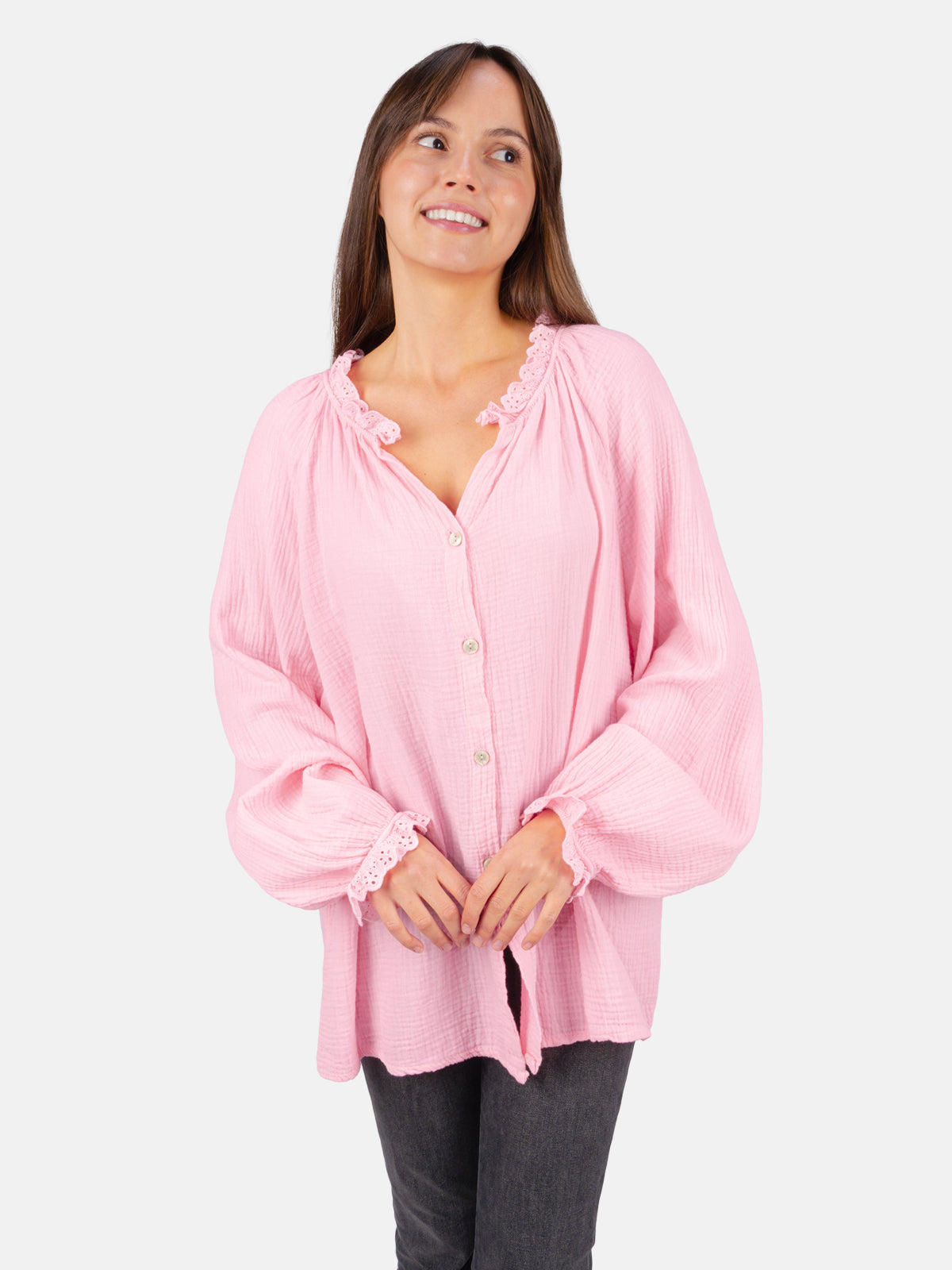 Musselinbluse Cloe Oversized mit Spitzendetails