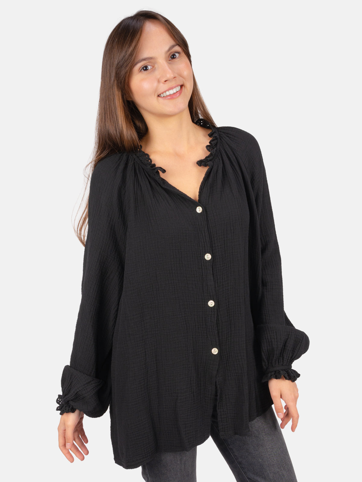 Musselinbluse Cloe Oversized mit Spitzendetails