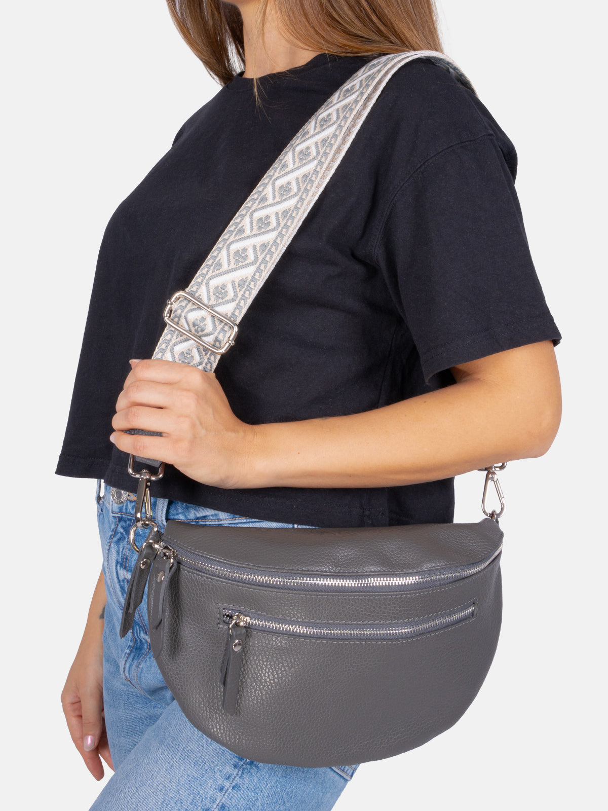 Große Crossbody Umhängetasche mit 2 Zipper aus 100% Leder - dark grau - Ella