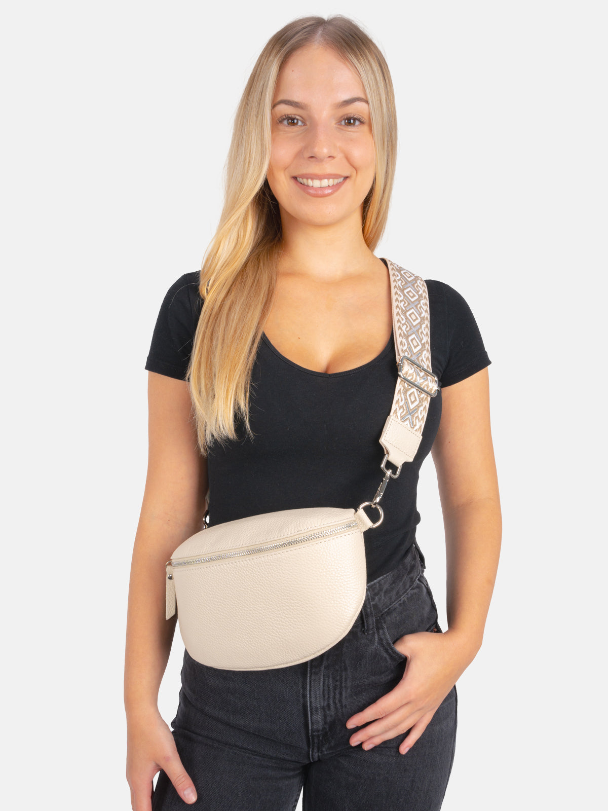 Mittelgroße Crossbody Gürteltasche aus 100% Leder - creme 2 - Helen FF