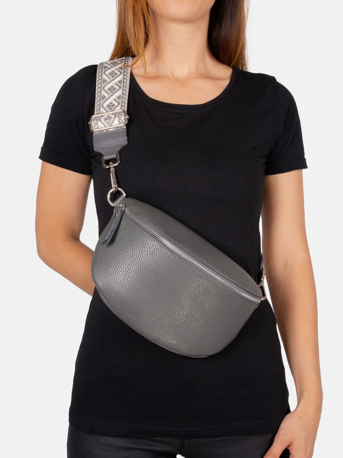 Mittelgroße Crossbody Gürteltasche aus 100% Leder - dark grau - Helen