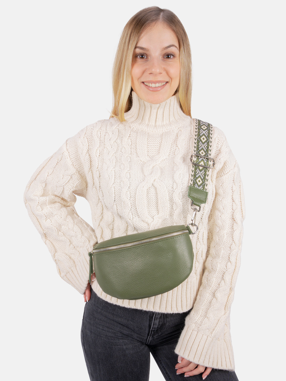 Mittelgroße Crossbody Gürteltasche aus 100% Leder - olivgrün - Helen