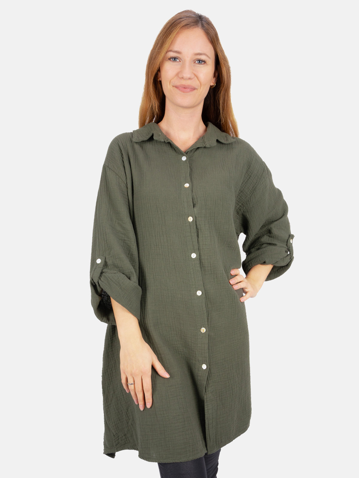 Musselinbluse mit Knopfverschluss & Taschen - dark khaki - Jessy