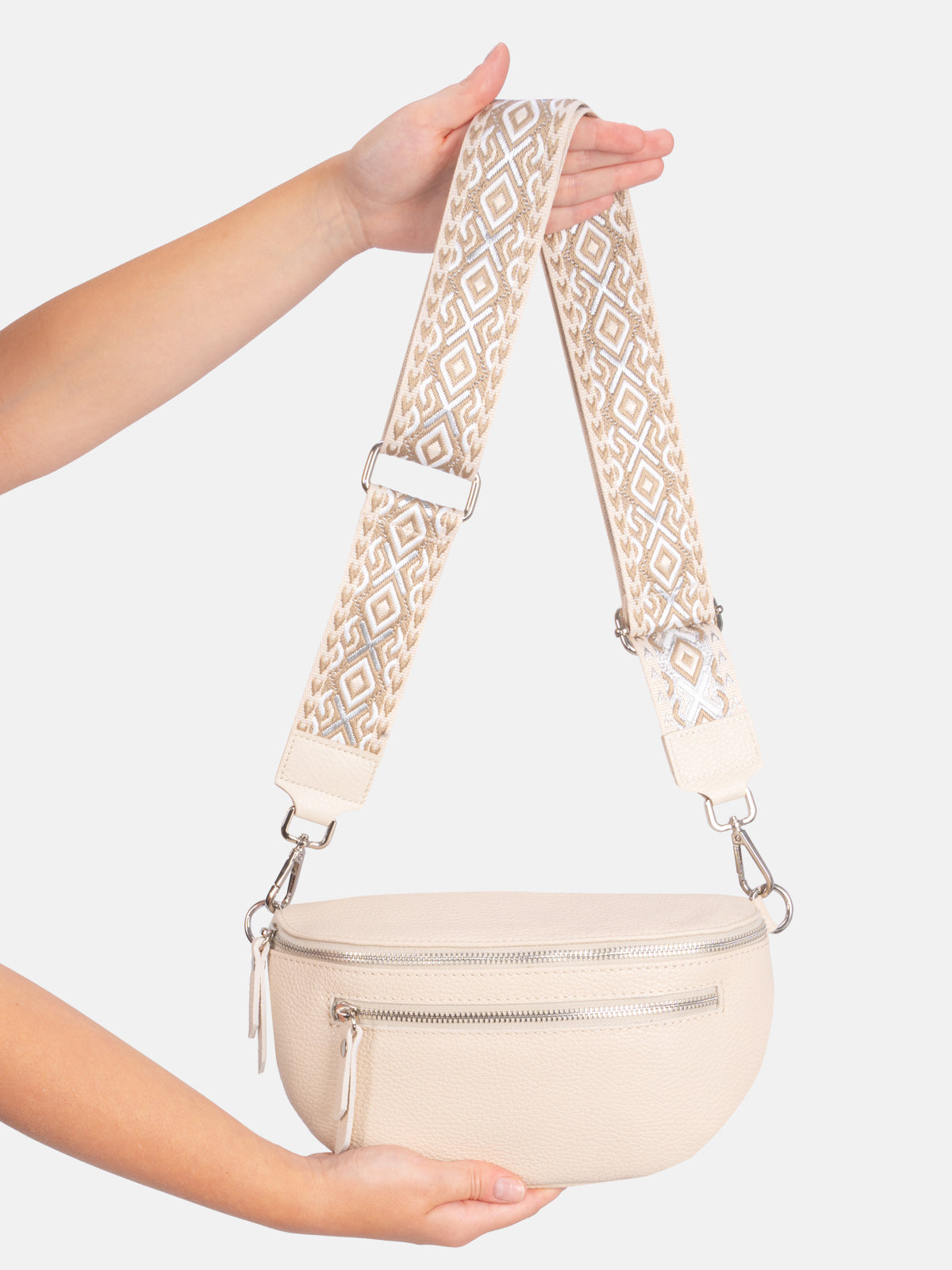 Mittelgroße Crossbody Umhängetasche mit 2 Zipper aus 100% Leder - creme 2 - Pia FF