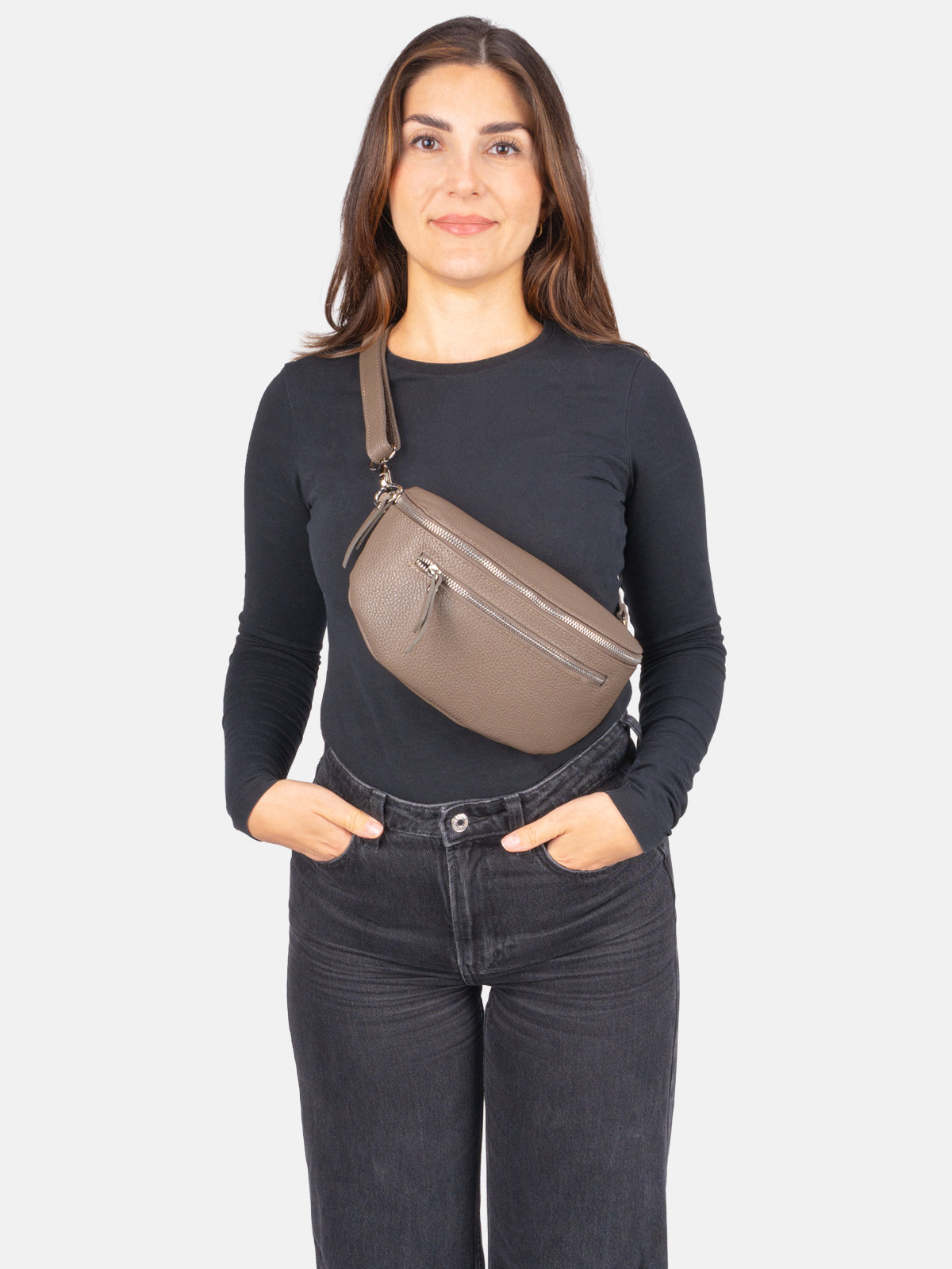 Crossbody Umhängetasche mit 2 Zipper aus 100% Leder - Pia