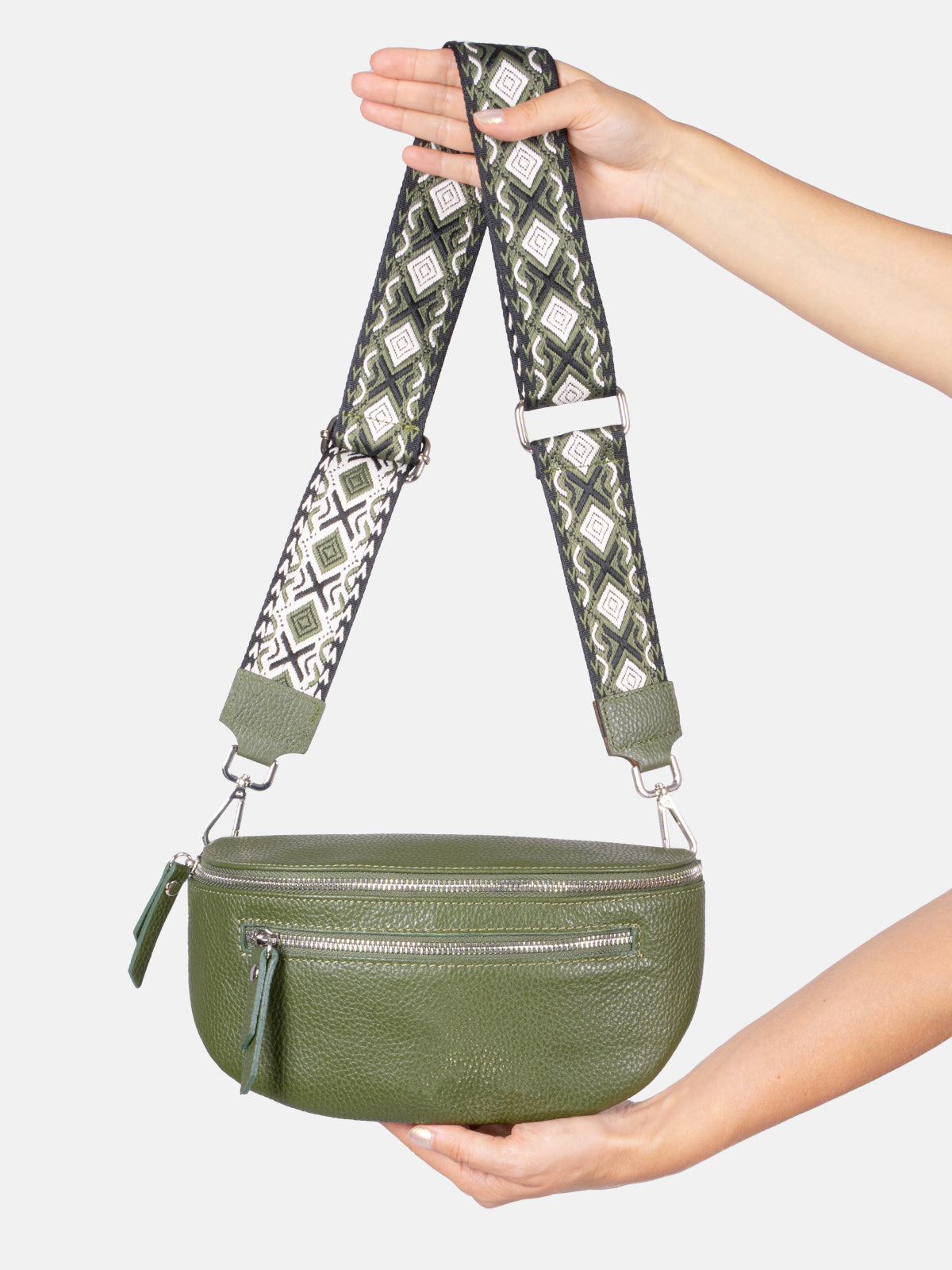 Mittelgroße Crossbody Umhängetasche mit 2 Zipper aus 100% Leder - olivgrün - Pia