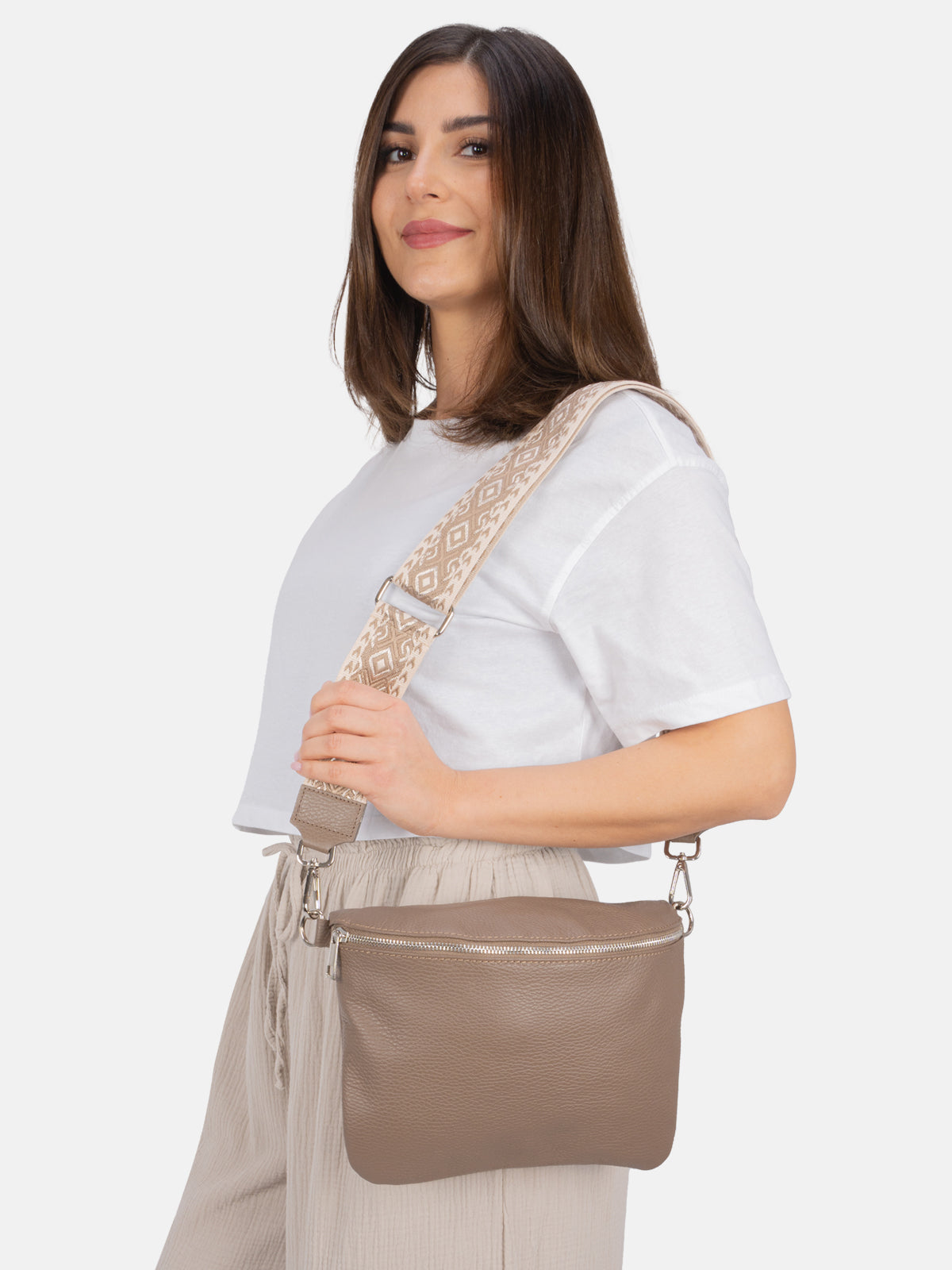 Große Umhängetasche Crossbody aus 100% Leder - dark taupe - Rona