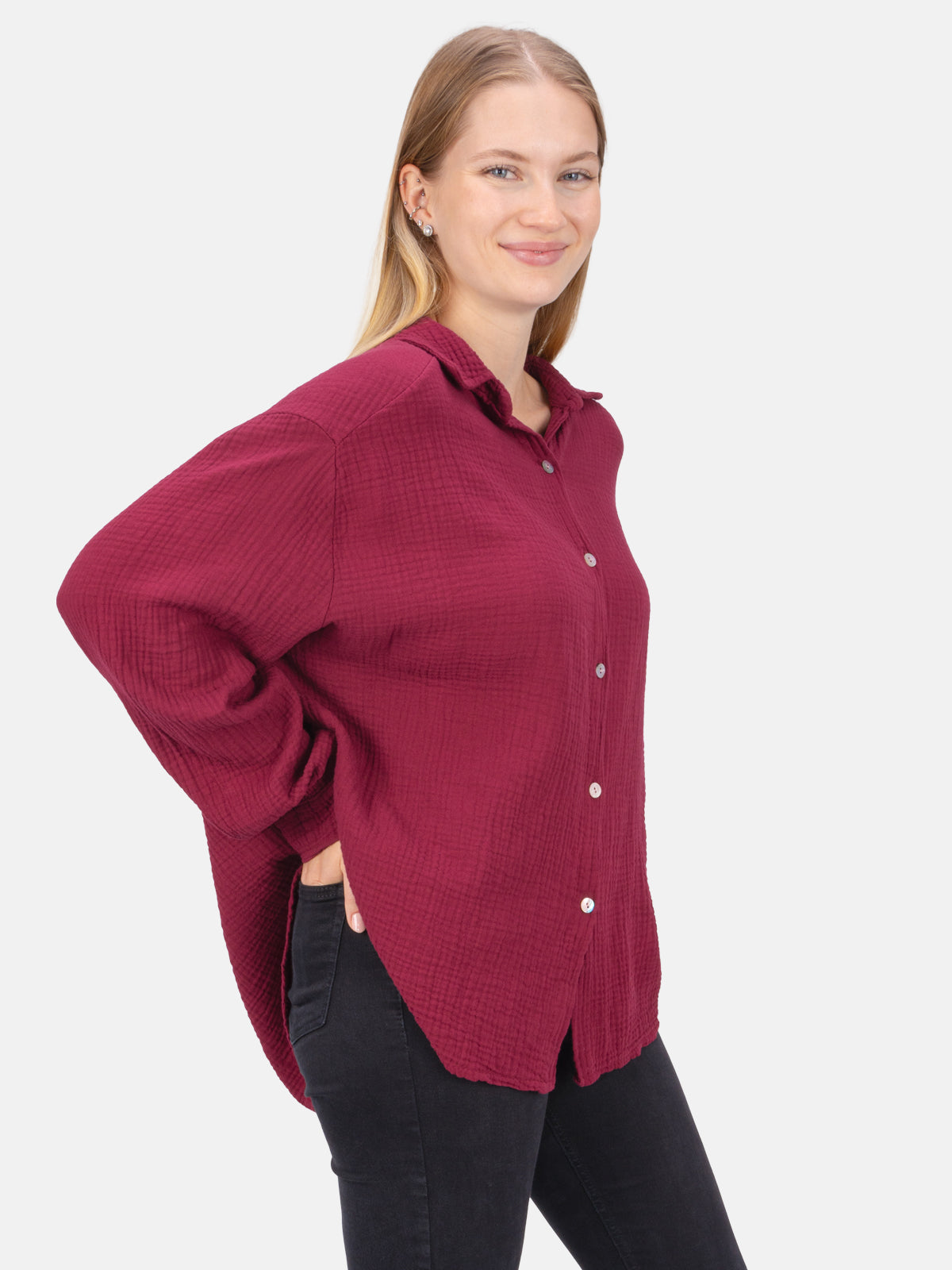 Kurze Musselin Hemdbluse mit Knöpfen - bordeaux - Sasha