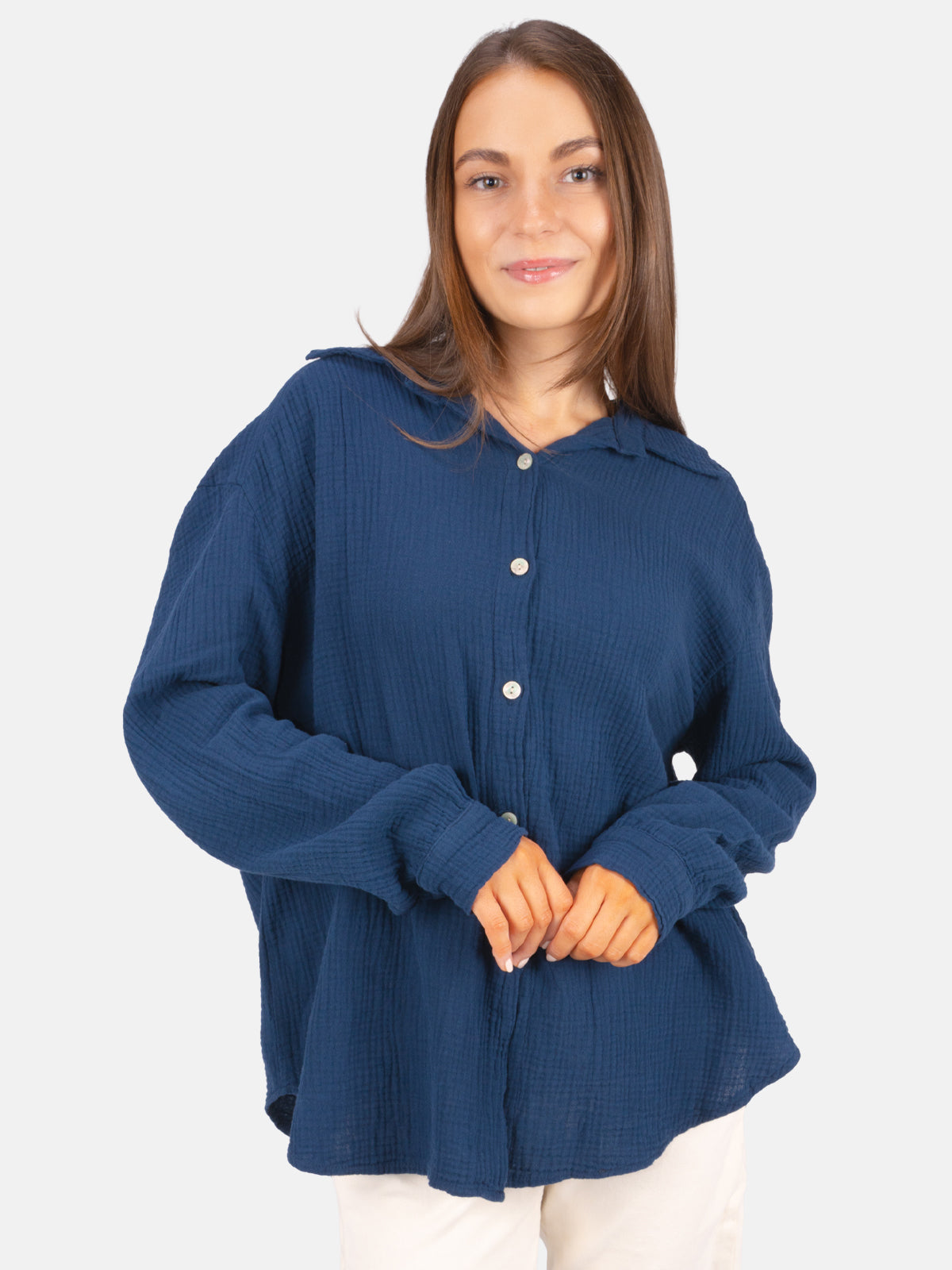 Kurze Musselin Hemdbluse mit Knöpfen - dunkelblau - Sasha