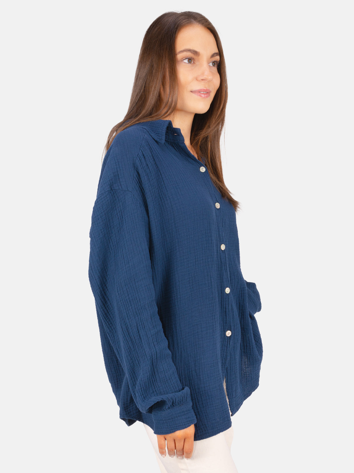 Kurze Musselin Hemdbluse mit Knöpfen - dunkelblau - Sasha