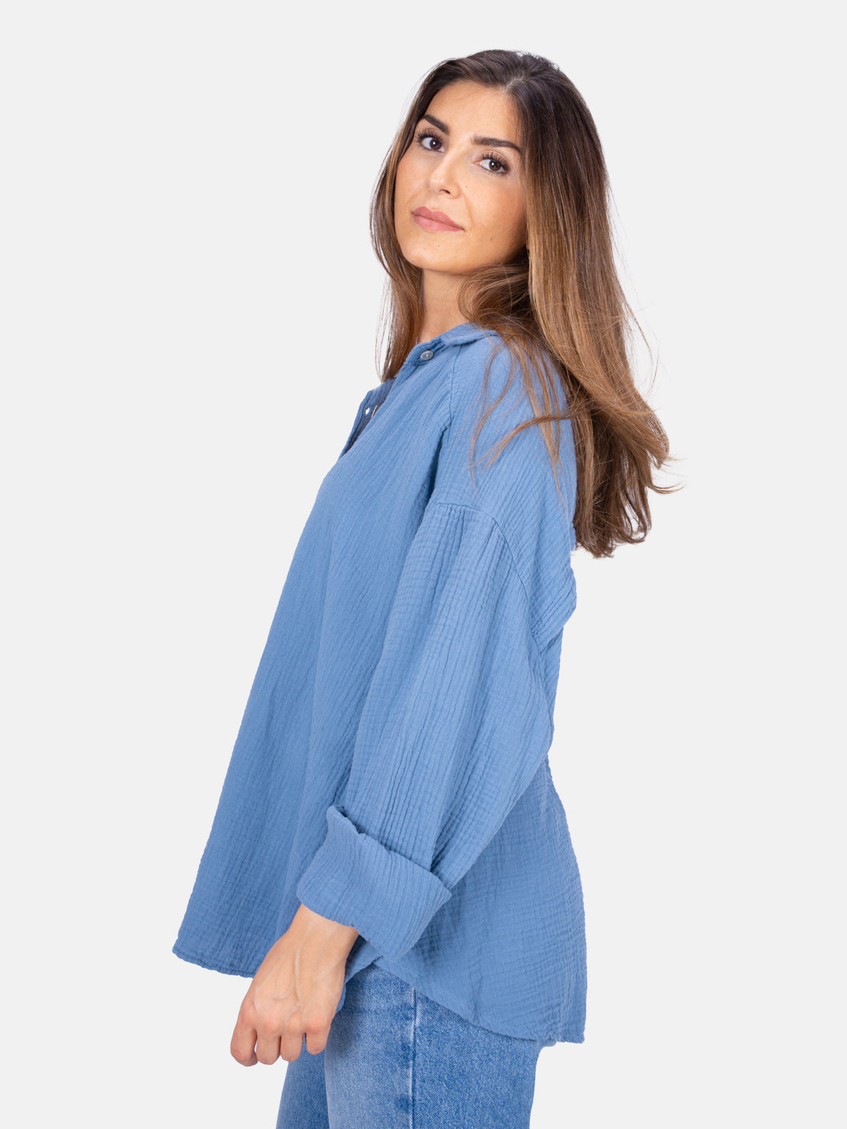 Kurze Musselin Hemdbluse mit Knöpfen - jeansblau - Sasha