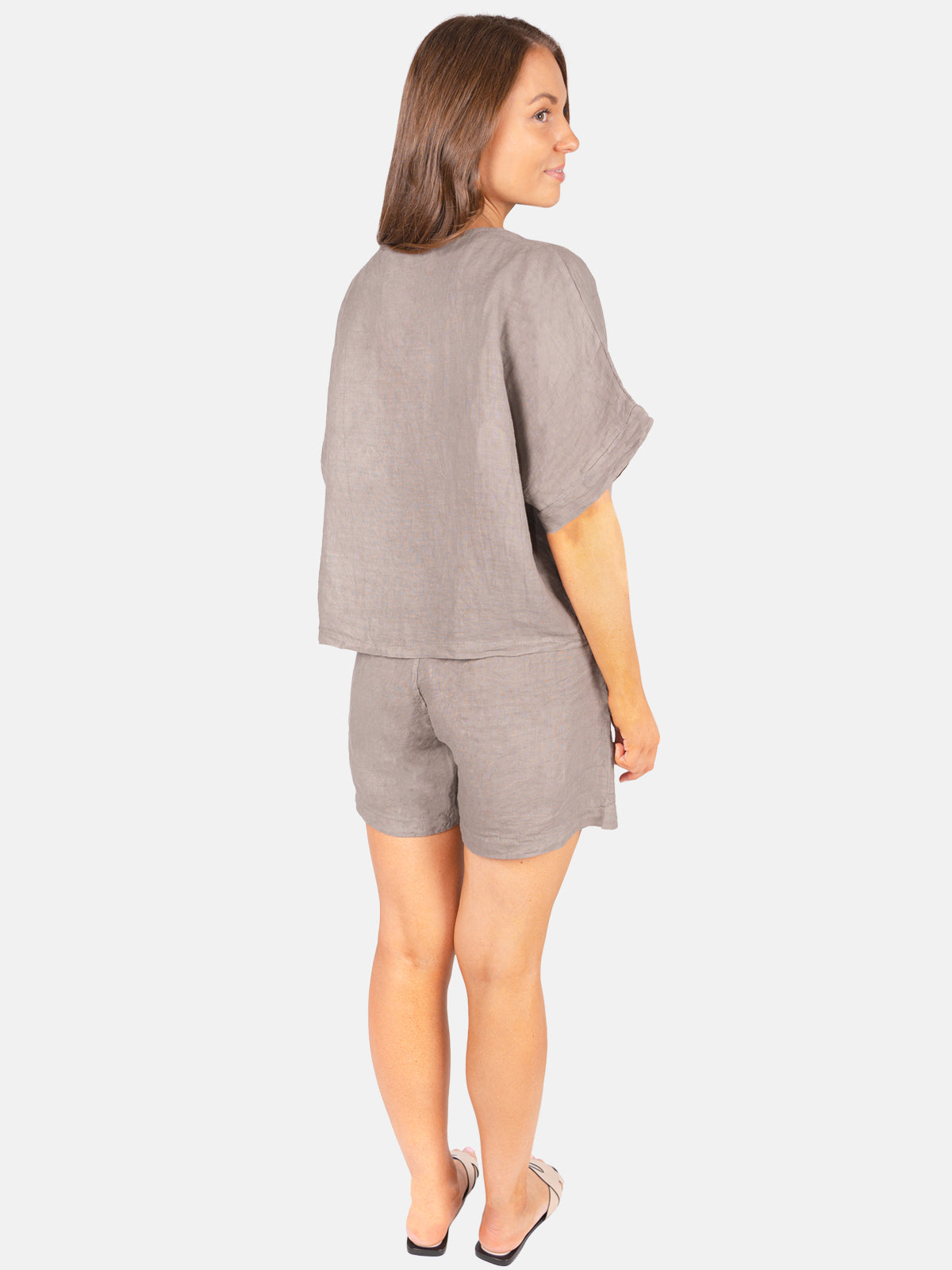 Leinen Shirt mit V-Ausschnitt - Tamara in Taupe #Farbe_Taupe