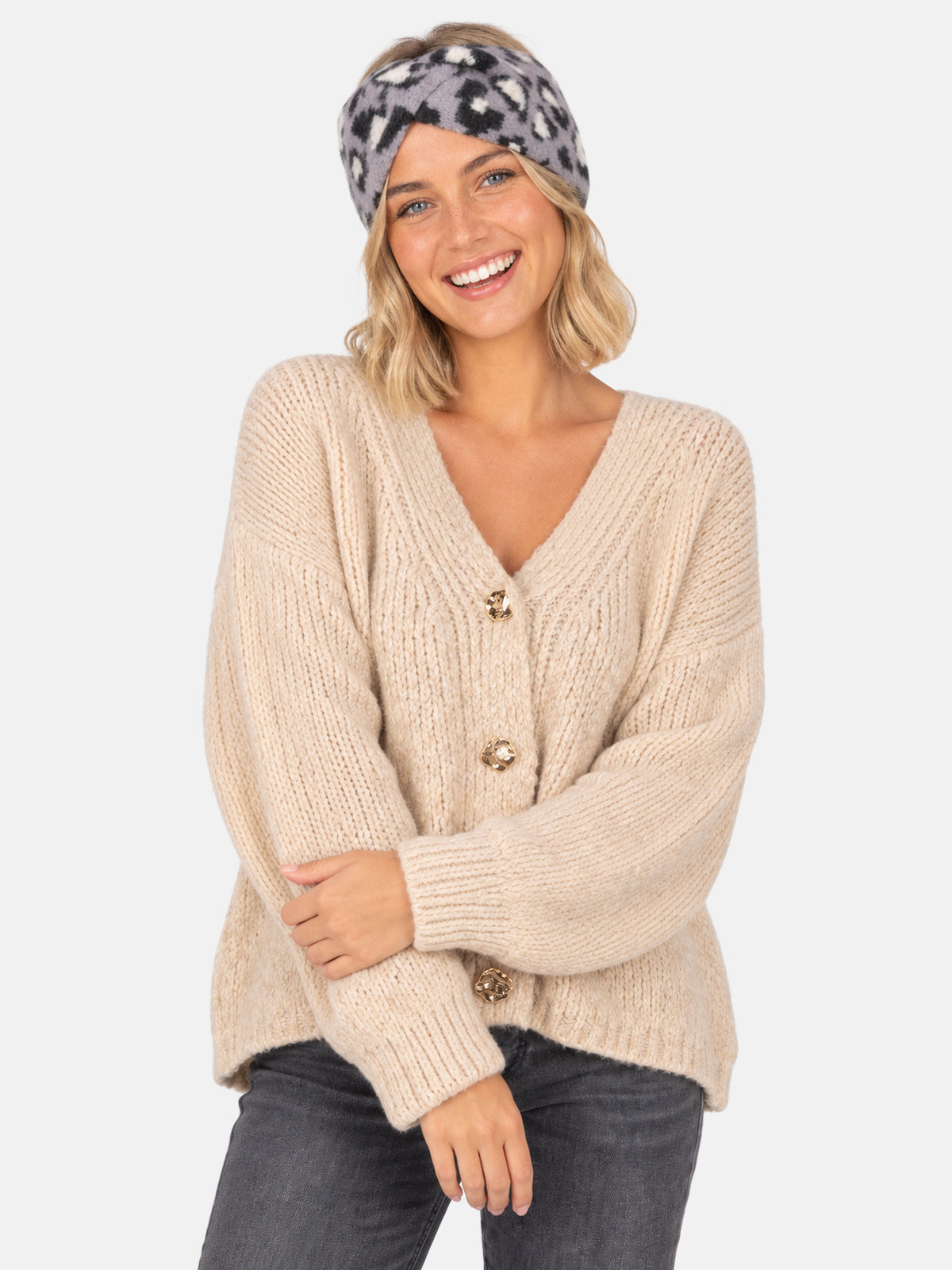 Damen Stirnband Leo Muster - Tanja in Grau Leo #Farbe_Grau Leo