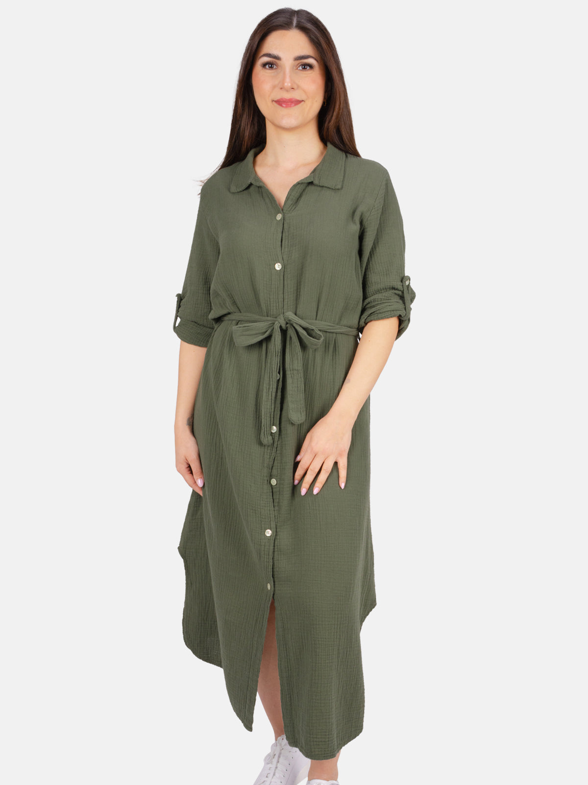 Langes Musselinkleid mit Bindegürtel - dark khaki - Victoria