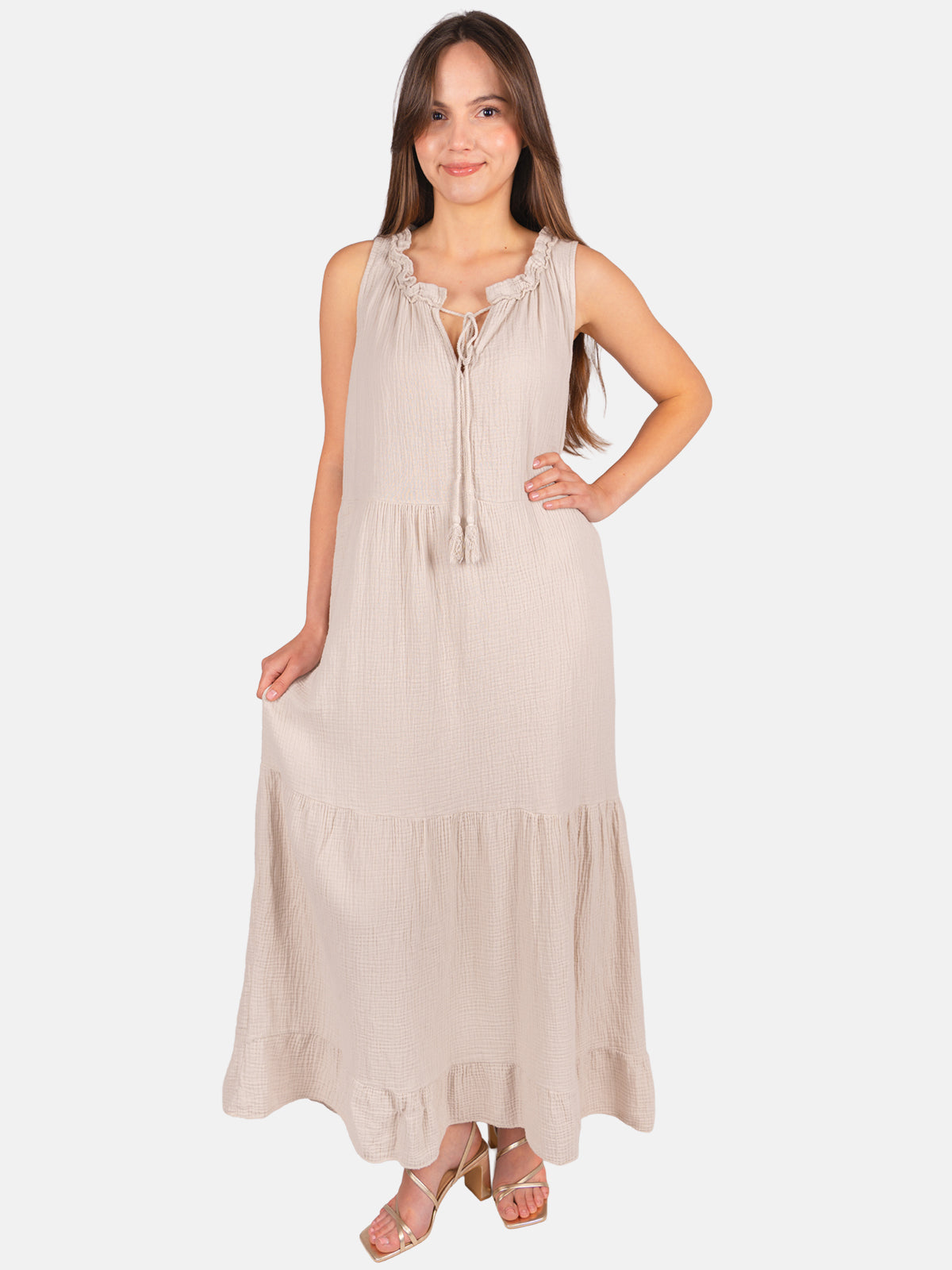 Musselin Maxikleid mit Tasseln - Viola in Beige #Farbe_Beige