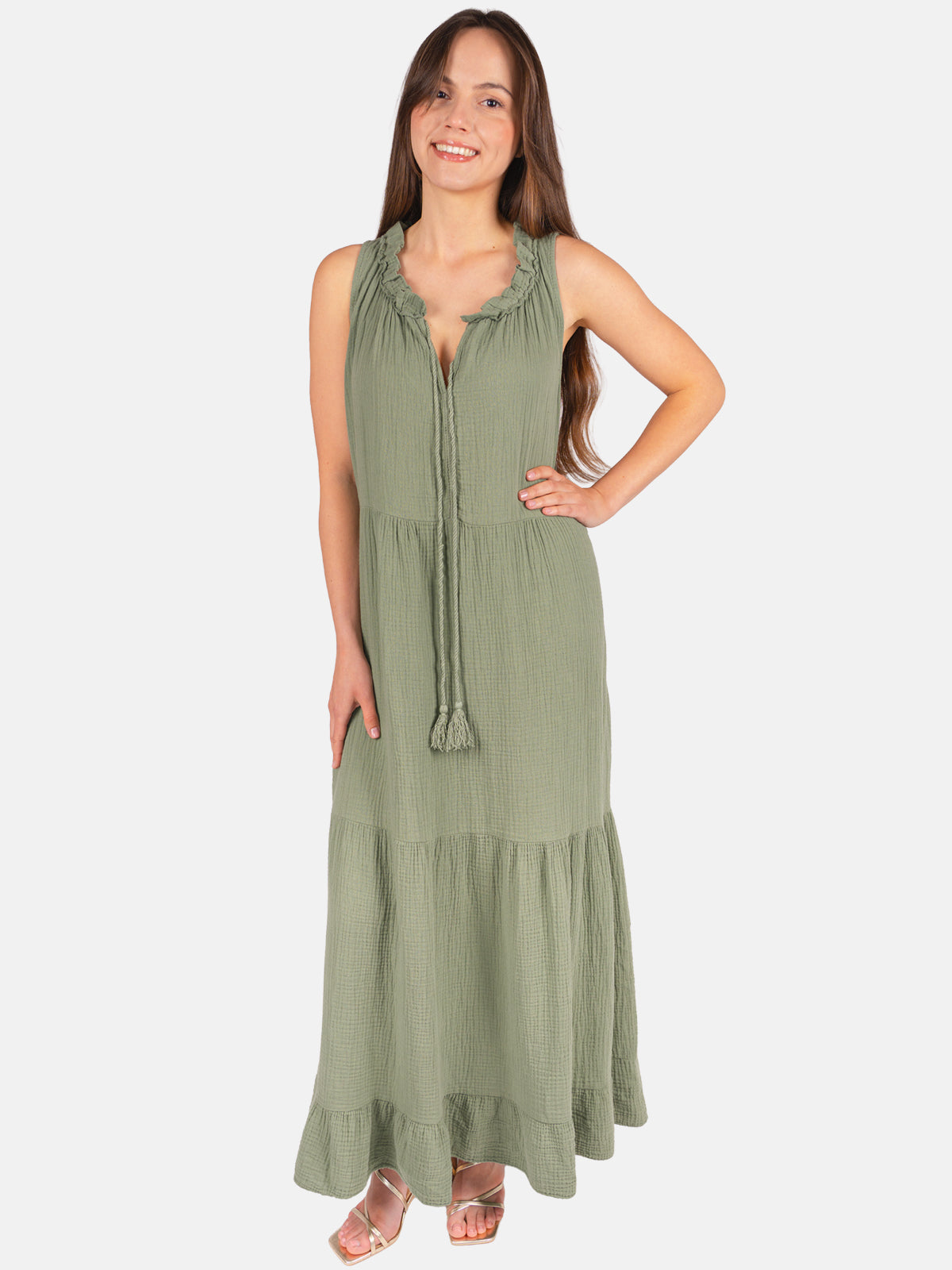 Musselin Maxikleid mit Tasseln - Viola in Khaki #Farbe_Khaki