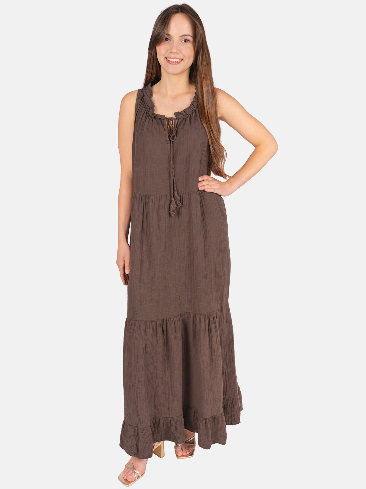 Musselin Maxikleid mit Tasseln - Viola in Mokka #Farbe_Mokka
