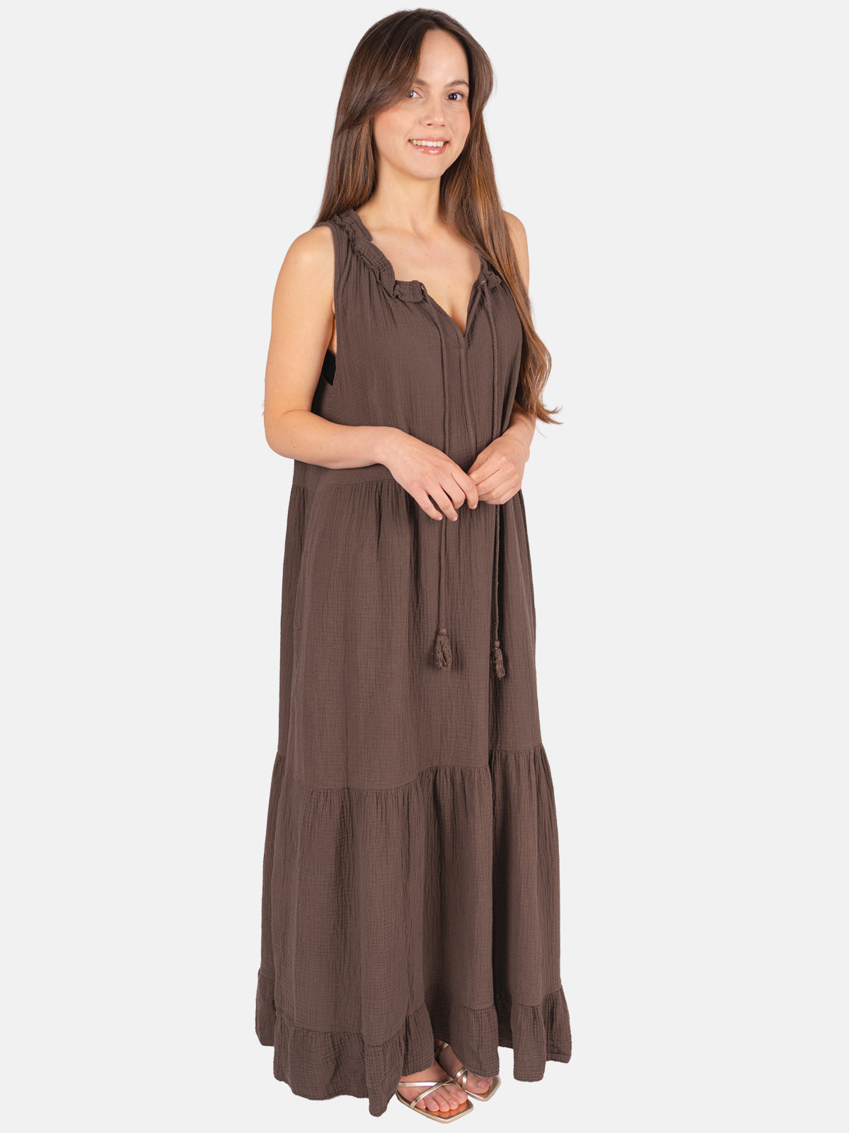 Musselin Maxikleid mit Tasseln - Viola in Mokka #Farbe_Mokka