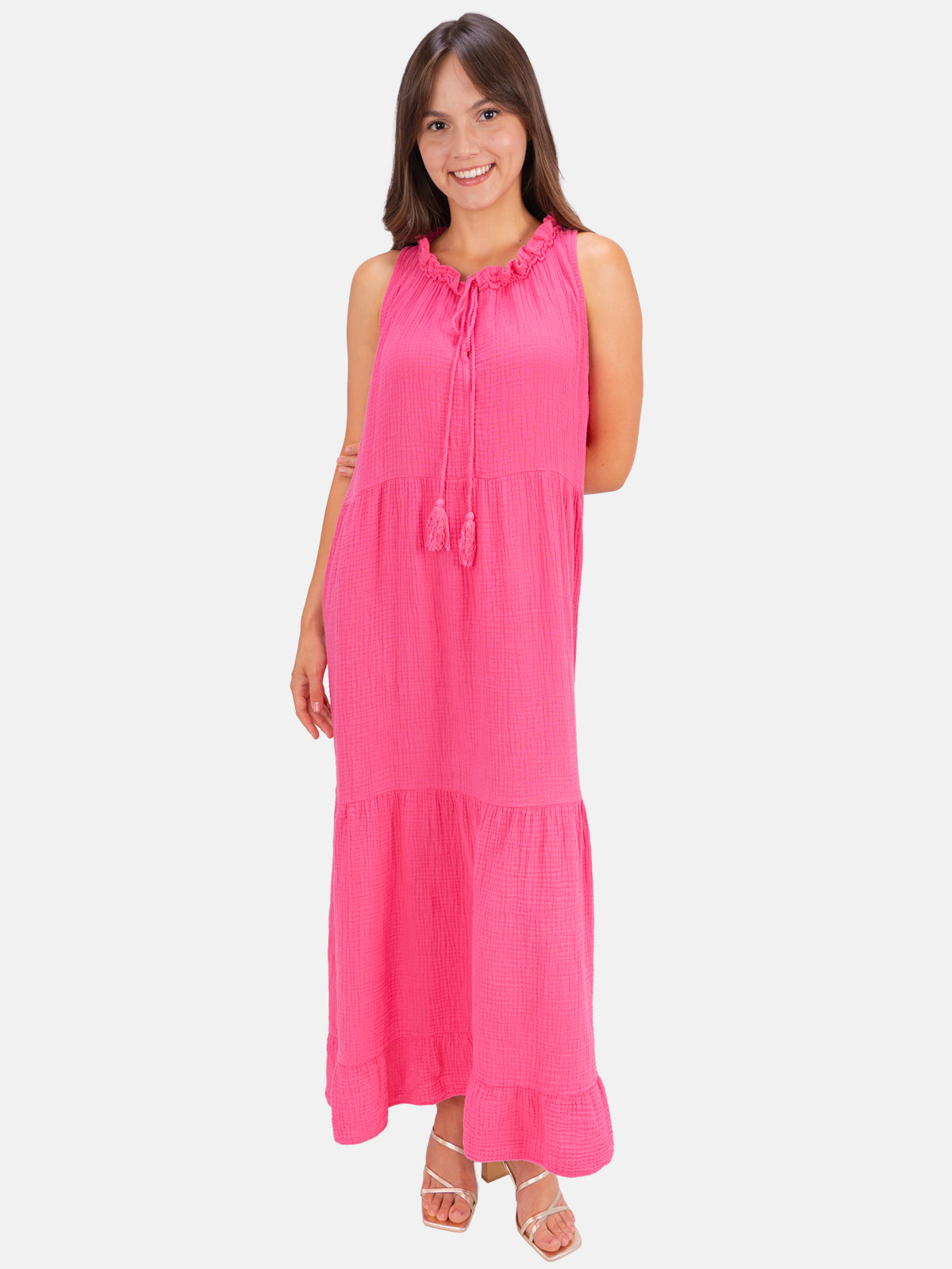 Musselin Maxikleid mit Tasseln - Viola in Pink #Farbe_Pink
