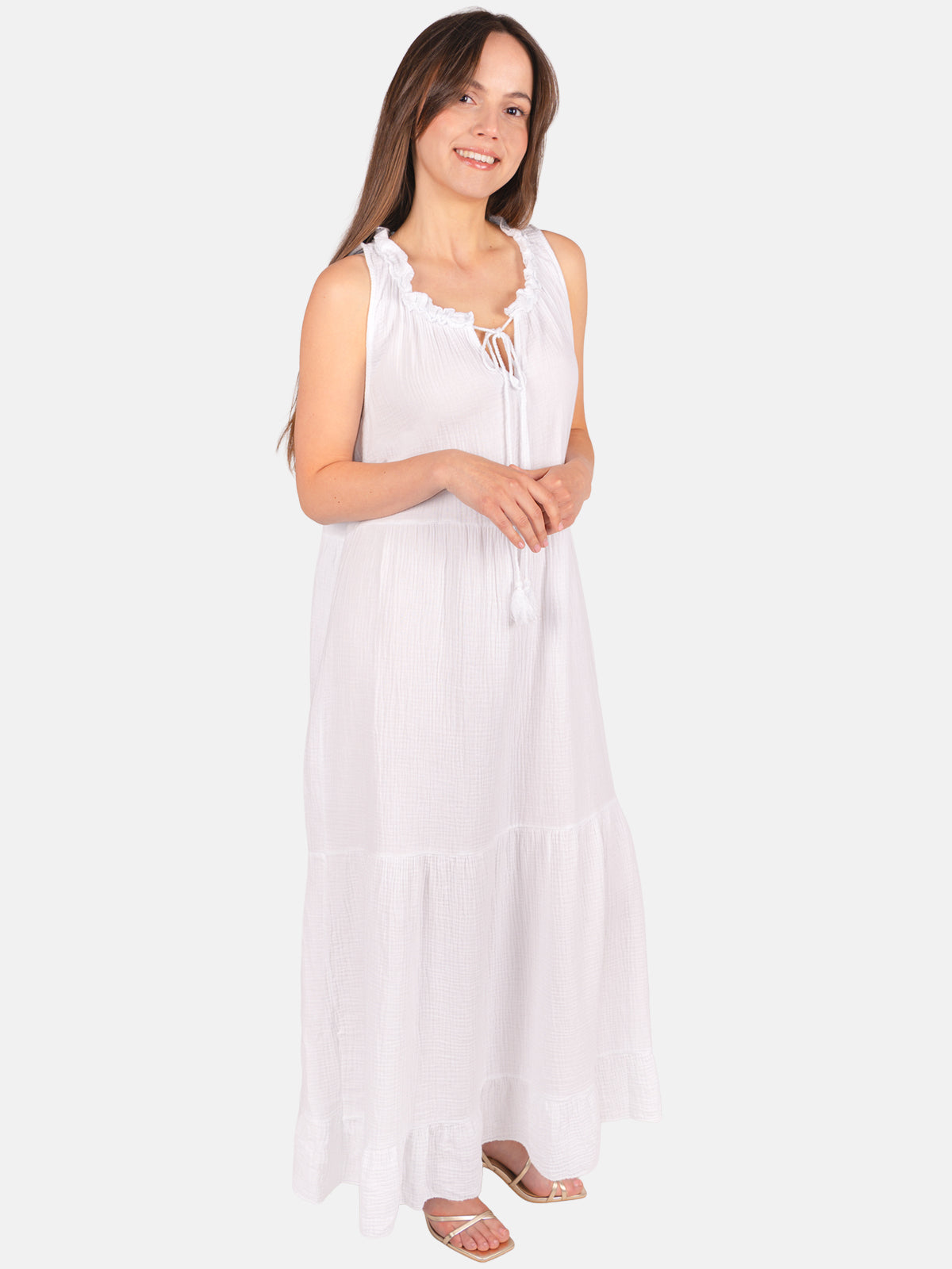 Musselin Maxikleid mit Tasseln - Viola in Weiß #Farbe_Weiß
