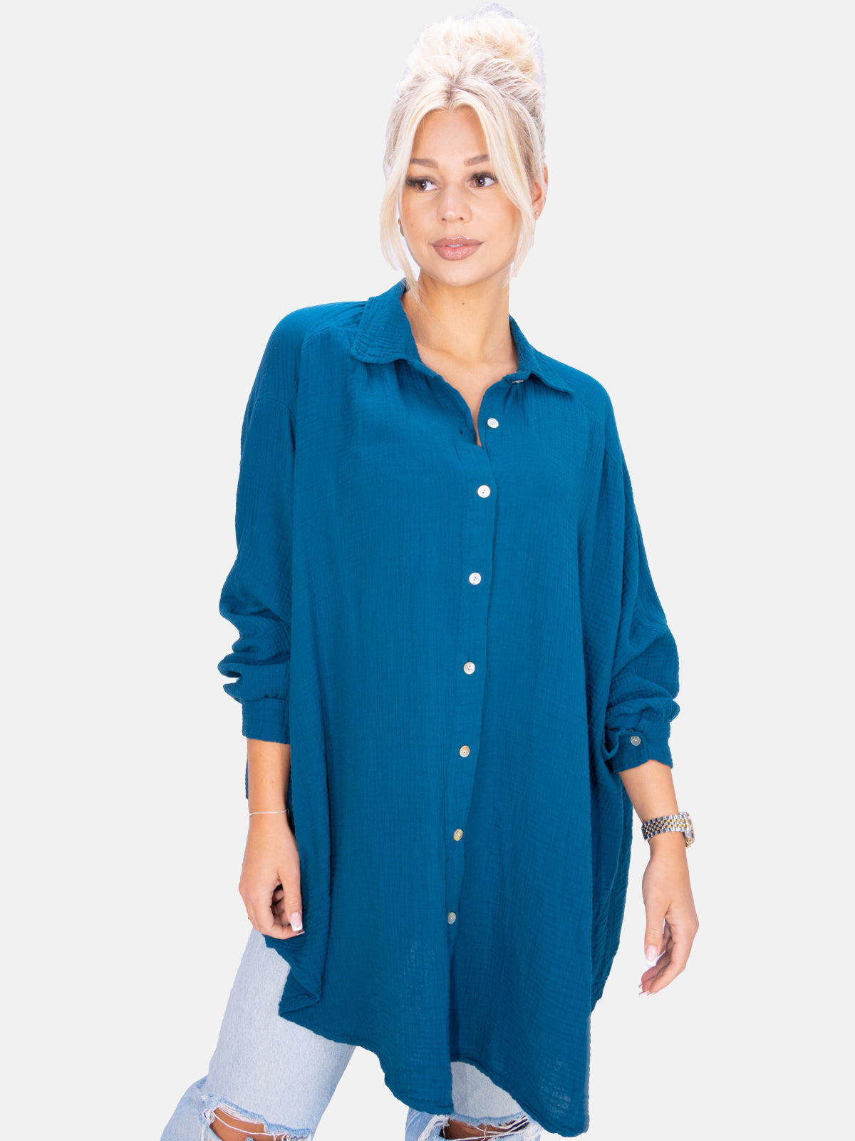 Lange Musselin Hemdbluse mit Knöpfen - mehrere Farben - Becka 2.0