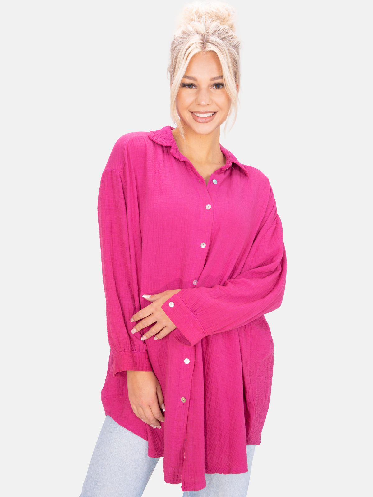 Lange Musselin Hemdbluse mit Knöpfen - mehrere Farben - Becka 2.0