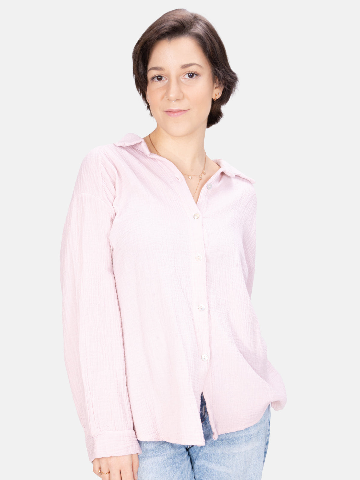 Kurze Musselin Hemdbluse mit Knöpfen - rosa - Sasha